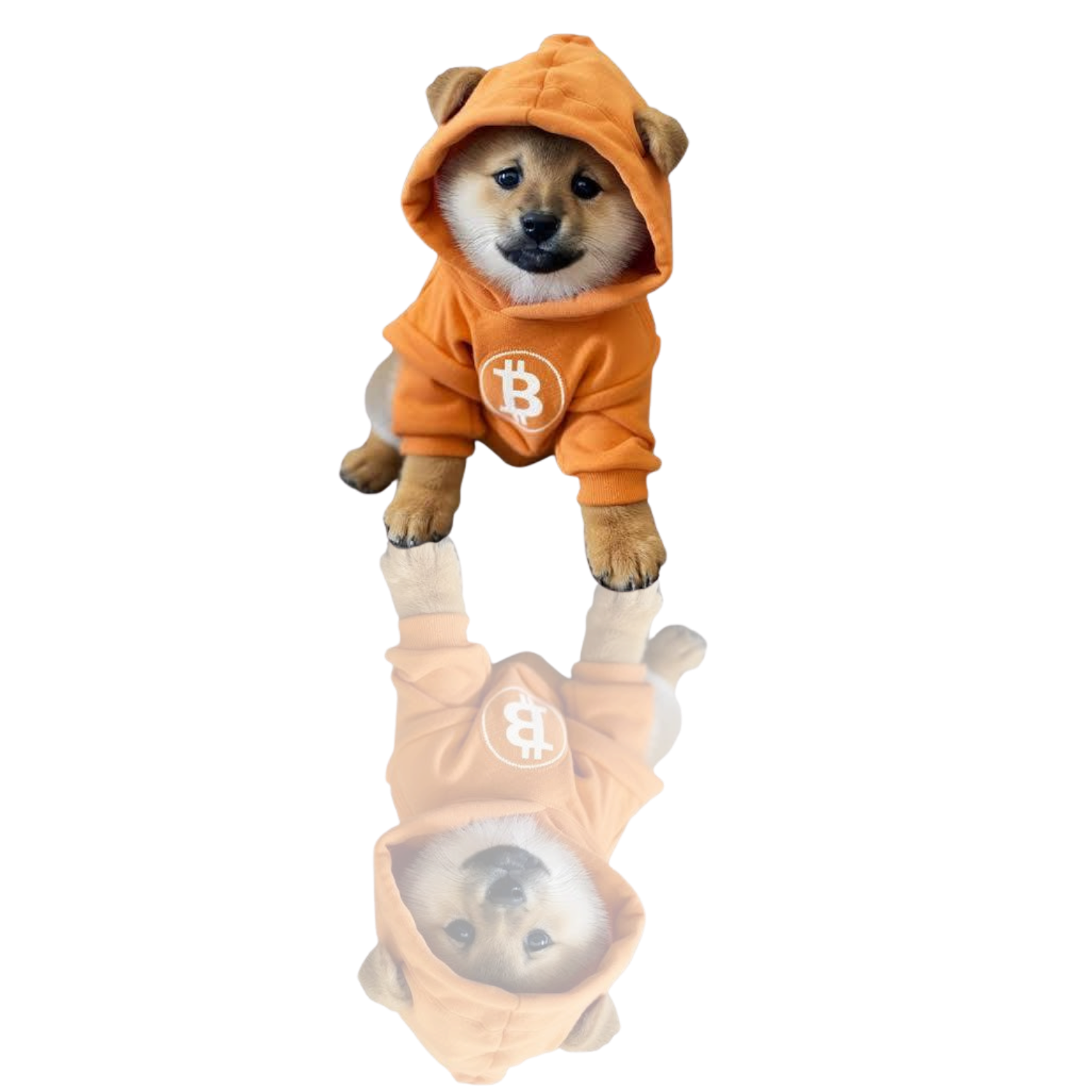 Dog Bitcoin Shiba Inu mascot in orange Bitcoin hoodie